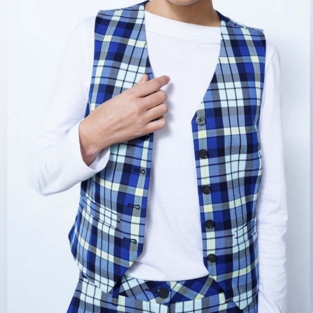 Wildfang Empower Blue White Yellow Tartan Vest Small NWT New